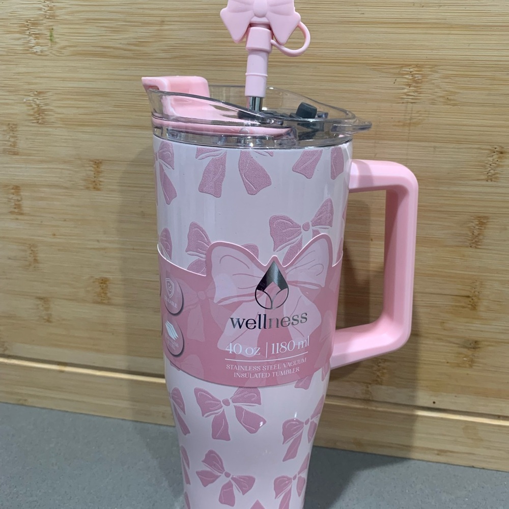 Pink Insulated Tumbler with Bow Straw